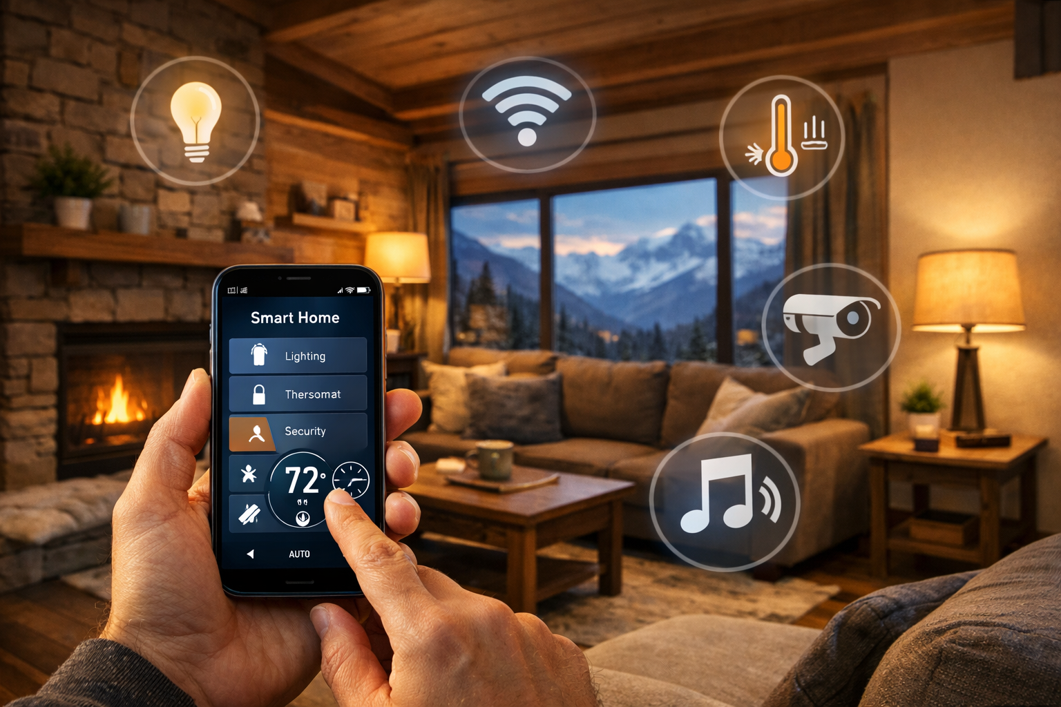 Smart home automation living room with smartphone controlling lighting, temperature, security and entertainment in a mountain cabin
