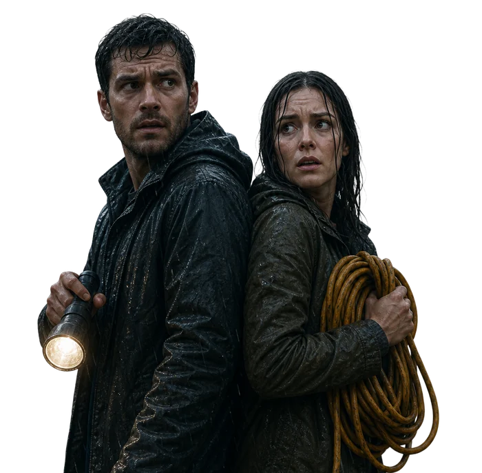 A couple caught in a storm with a flashlight and extension cord